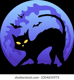 Halloween cat silhouette with bats blue color