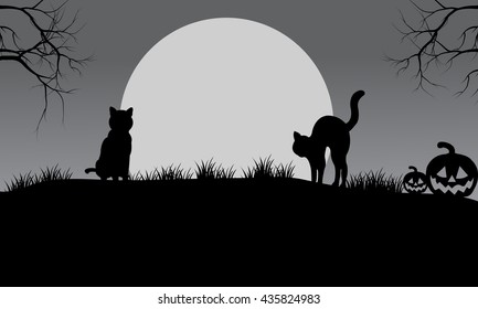 Halloween cat silhouette and moon with gray backgrounds