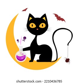 Halloween cat sits on the moon and holds a flask with a potion, with a spider on its tail and bats nearby