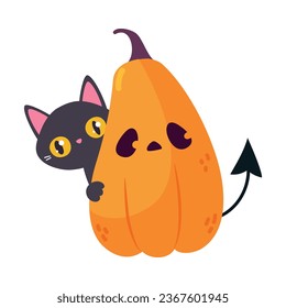 Halloween with Cat Sitting Behind Orange Pumpkin Vector Illustration