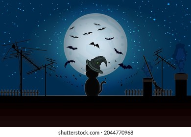 Halloween cat sitting on roof in full moon. Black cat on  house roof with moonlight and starry night. Cat silhouette with witch hat on night roof and bats on moon background. Stock vector illustration