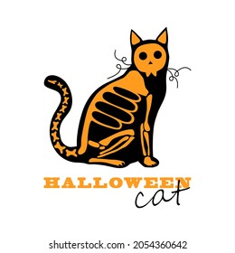 The Halloween cat. The skeleton of a cat on the background of a silhouette of a cat with an inscription. Vector illustration isolated on a white background for design and web.