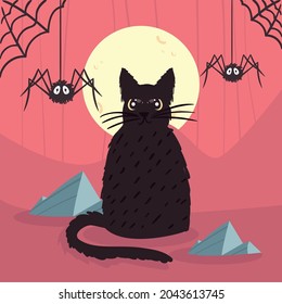 halloween cat with spiders scene