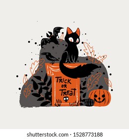 Halloween Cat Theme for October. Hallowen Party Illustration. Trick or Treat.