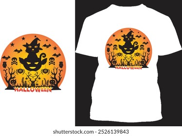 Halloween Cat and Tree T Shirt Design