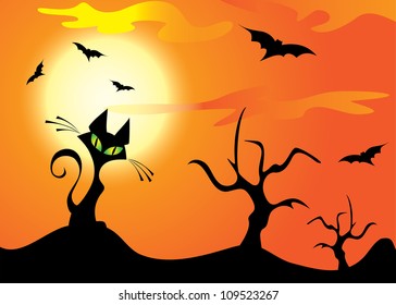 Halloween cat, trees and bats on the orange sky