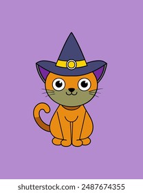 Halloween Cat Vector Art, Halloween Clipart, Cat with Halloween Hat Vector Icon Sticker Illustration