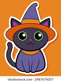 Halloween Cat Vector Art, Halloween Clipart, Cat with Halloween Hat Vector Icon Sticker Illustration