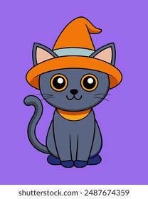 Halloween Cat Vector Art, Halloween Clipart, Cat with Halloween Hat Vector Icon Sticker Illustration