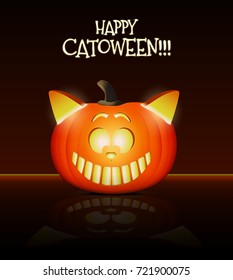 Halloween cat vector illustration. Cool cat head made from pumpkin.
