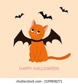 Halloween cat vector illustration, kitty portrait wears black bat wing with small bats on background for card design.