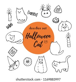 Halloween cat vector set. Hand drawn ink doodles of fat cats, pumpkins, hats, cookies, candles and candies