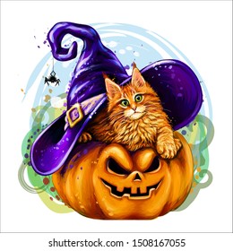 Halloween Cat. Wall sticker. Hand-drawn, color sketch of cute kitten in a hat lies on a pumpkin in a watercolor style.