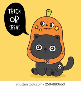 Halloween cat wear pumpkin hat jack o lantern kitten playing drive pumpkin jack o lantern. Series: Groovy Retro cartoon kawaii (trick or treaters) drawing Kids party holiday festival. 