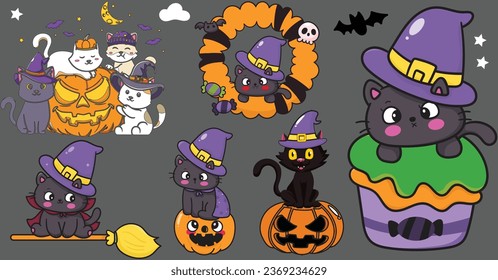 Halloween Cat Wearing Witch Hat with Bats and Pumpkins Set for Halloween Background Vector, Halloween Animals with Spooky Costumes