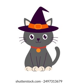 Halloween cat wearing witch hat. The cat is sitting on a white background. The cat has a happy expression on its face