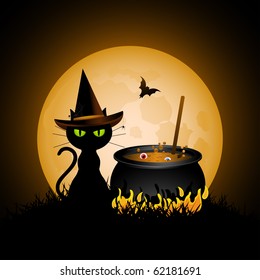 Halloween cat wearing witches hat and bubbling cauldron