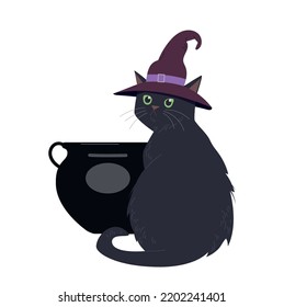 Halloween cat witch  Black kitten in high witchs hat sitting next to cauldron  preparing potion  Magic  sorcery   fantasy  Autumn   international holiday fear  Cartoon flat vector illustration
