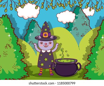 Halloween cat witch cartoon