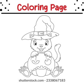 Halloween cat in a witch hat coloring page for kids. Halloween Trick or Treat Black and white vector illustration for coloring book