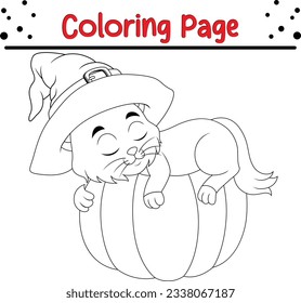 Halloween cat in a witch hat coloring page for kids. Halloween Trick or Treat Black and white vector illustration for coloring book