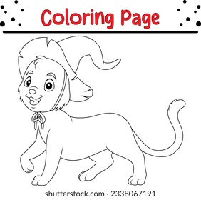Halloween cat in a witch hat coloring page for kids. Halloween Trick or Treat Black and white vector illustration for coloring book