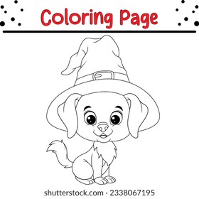 Halloween cat in a witch hat coloring page for kids. Halloween Trick or Treat Black and white vector illustration for coloring book