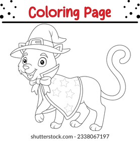 Halloween cat in a witch hat coloring page for kids. Halloween Trick or Treat Black and white vector illustration for coloring book