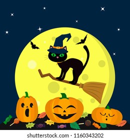 A Halloween cat in a witch hat flies on a broomstick against a full moon at night. Three pumpkin Halloween, candy and leaves, volatile vampires and stars. Autumn holiday. Vector, flat style, cartoon.