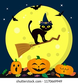 A Halloween cat in a witch hat flies on a broomstick, against a full moon at night. Three pumpkins of Halloween, sweets and leaves, volatile vampires and stars. Autumn holiday. Vector, flat style