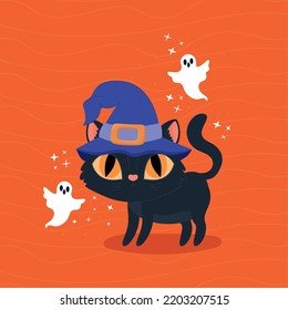 Halloween-Katze mit Hexenhut und Gespenstern