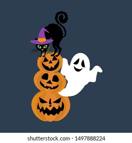 Halloween cat in witch hat illustration on the blue background. Vector illustration