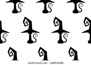 Halloween, cat in witch hat pattern. Black and white seamless pattern on white background.