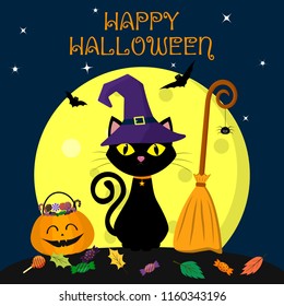 A Halloween cat in a witch hat sits against a full moon at night. Near the broom, pumpkin with sweets and leaves, volatile vampires and stars. The autumn holidays. Vector, flat style, cartoon.