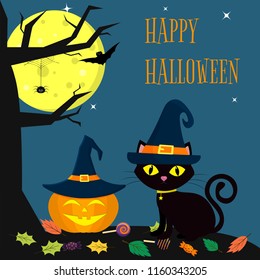 The Halloween cat witch hat sits next to the pumpkin in the hat. Nearby a tree, a spider, a full moon at night. Sweets and leaves, volatile vampires and stars. Autumn holiday. Vector, flat style