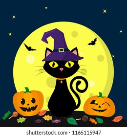 A Halloween cat in a witch hat sits against a full moon at night. Next to the broom are two pumpkins, candy and leaves, volatile vampires and stars. Autumn vacation. Vector, flat style, cartoon.