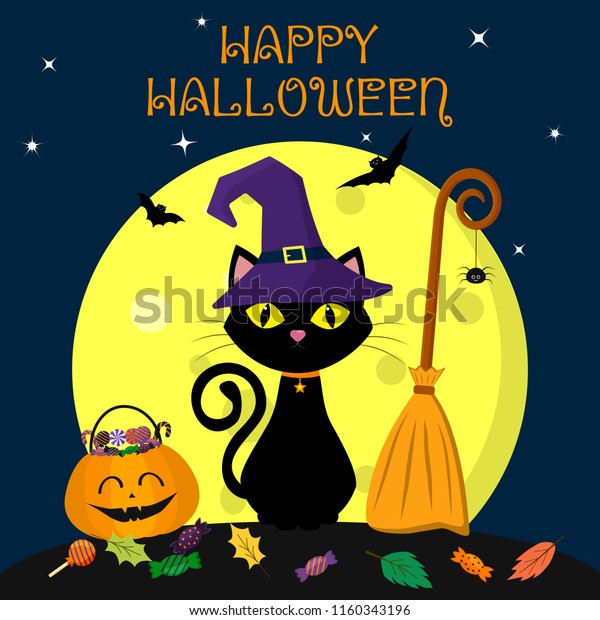 Halloween Cat Witch Hat Sits Against Stock Vector (Royalty Free) 1160343196