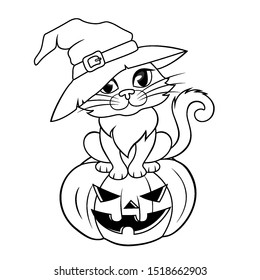 Halloween cat in a witch hat sitting on halloween pumpkin. Black and white illustration for coloring book