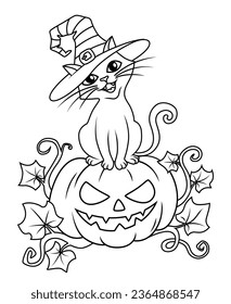 Halloween cat in a witch hat sitting on halloween pumpkin. Black and white illustration for coloring book