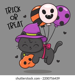 Halloween cat witch hug Pumpkin Jack o lantern with spooky balloon kawaii vector (Trick or treat kids). Series Happy girl party costume. Perfect make a wish for pattern, background, and wallpaper.