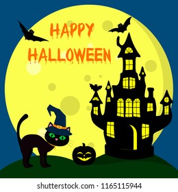 The Halloween cat in the witch s hat stands next to the witchs house. Witch Castle, pumpkin, bats and a full moon at night. Autumn holiday.Vector, flat style, cartoon.