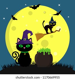 The Halloween cat in the witch's hat sits next to the pot with the potion. Another cat flies on a broomstick, against a full moon at night. Flying vampires and stars. Autumn holiday. Vector, flat