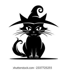 Halloween cat in witchy hat black silhouette. Retro vector illustration. Black outline pet themed art.