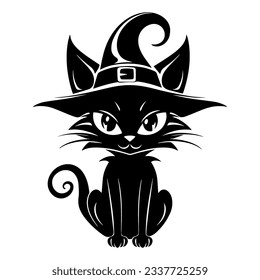 Halloween cat in witchy hat black silhouette. Retro vector illustration. Black outline pet themed art.