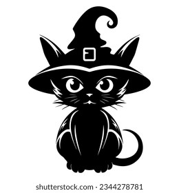 Halloween cat in witchy hat black silhouette. Retro vector illustration. Black outline pet themed art.