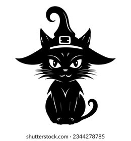 Halloween cat in witchy hat black silhouette. Retro vector illustration. Black outline pet themed art.