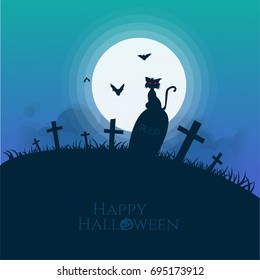 Halloween cat,bat silhouette.Full moon background vector illustration.