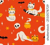 Halloween cats. Black kitten with witch hat, broom and head pumpkin. Witch cauldron, crescent moon and stars, skull vector set of happy cat halloween costume seamless pattern