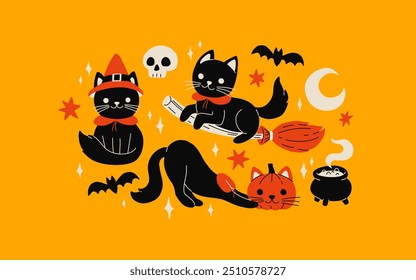 Halloween cats. Black kitten with witch hat, broom and head pumpkin. Witch cauldron, crescent moon and stars, skull vector set of happy cat halloween costume illustration