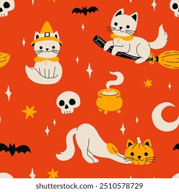 Gatos de Halloween. Gatinho preto com chapéu de bruxa, vassoura e abóbora cabeça. Caldeirão de bruxa, lua crescente e estrelas, vetor de crânio conjunto de gato feliz halloween traje sem costura padrão